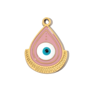 Macro detail of teardrop evil eye charm in pink enamel and gold stainless steel
