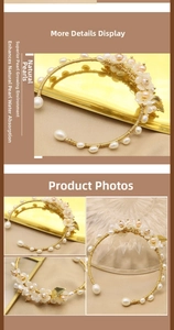 Macro shot of handmade natural pearl flower bracelet with gold wire wrap and floral petals