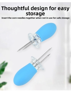 Detail of blue corn holders showing interlocking design for safe storage and double prongs