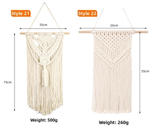Detail of bohemian macramé wall hanging with dimensions and woven tassel textures