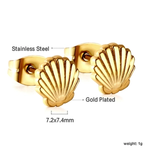 Detailed macro view of gold plated stainless steel shell stud earrings 7.2x7.4mm size