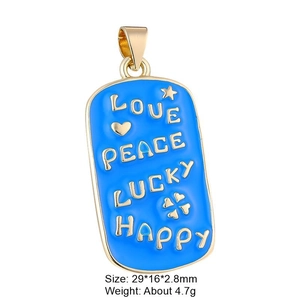 Detail of blue enamel gold pendant with engraved words LOVE PEACE LUCKY and HAPPY