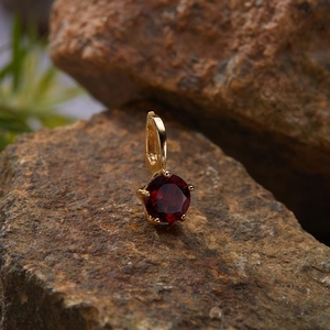 Macro shot of gold S925 silver pendant with round cut dark red gemstone on rock