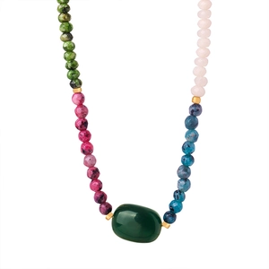 Handmade natural agate beaded necklace featuring multicolored stones and green oval pendant