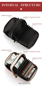 Detail view of the multi-functional accordion card slots and secure dual zipper compartments