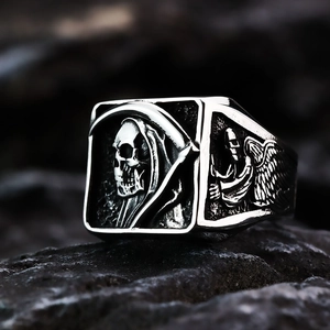 Detailed view of vintage gothic reaper skull engraving on solid stainless steel ring