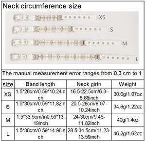 Size chart for pearl pet collar showing XS to L neck circumference and weight in inches