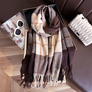 Fashionable plaid scarf in beige and brown with tassels, winter warmth accessories
