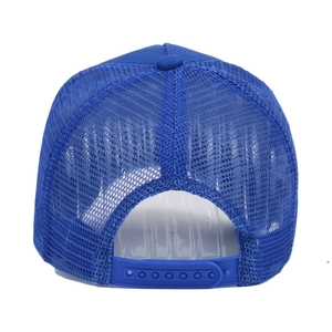 Rear view of navy blue mesh trucker hat featuring breathable fabric and adjustable plastic strap