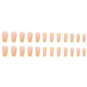 Lemon yellow glitter French line coffin press-on nails set with floral patterns