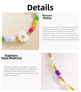 Detail of colorful seed bead necklace with daisy charm and vacuum-plated steel