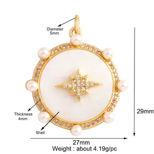 Pendentif étoile doré 18K avec incrustation de nacre et perles, breloque céleste 29mm