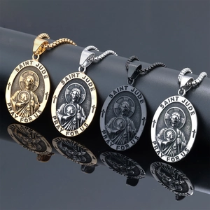 Polished Saint Jude pendants in gold, silver, and black finish with detailed engraving