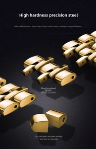 Detailed macro view of solid gold 316L stainless steel watch strap links with brushed finish