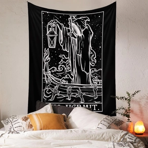 Bohemian tarot wall tapestry featuring The Hermit in black and white line art for bedroom decor