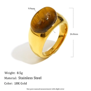 Detail view of 18K gold stainless steel ring with oval tiger eye stone and dimensions