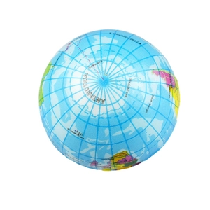 Detailed macro shot of blue PU foam stress ball featuring world map with latitude lines