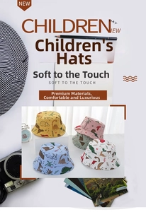 Detail of baby sun hats featuring colorful dinosaur prints in yellow, pink, and mint green