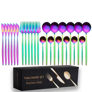 Macro view of 24-piece rainbow stainless steel cutlery set with black textured gift box