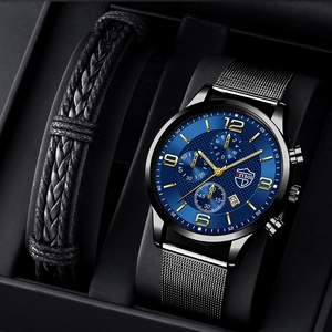 Detailed view of business calendar watch with black mesh strap and leather bracelet set