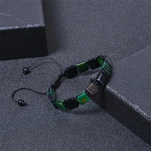 Unisex woven bracelet with green malachite, black obsidian beads and square zircon accents