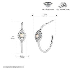 Detailed view showing dimensions and weight of S925 silver opal evil eye hoop earrings