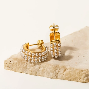 Elegant 18K gold-plated C-shaped stainless steel earrings with white pearls for women