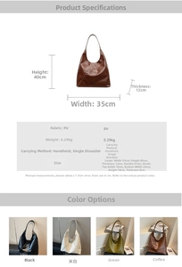 Detail view of large and small studded PU tote bags with dimensions and color options