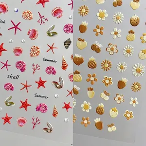 Embossed Nail Art Stickers Self Adhesive Relief Decals Ocean Shell Fruit Floral Pattern DIY Manicure Decoration For Women