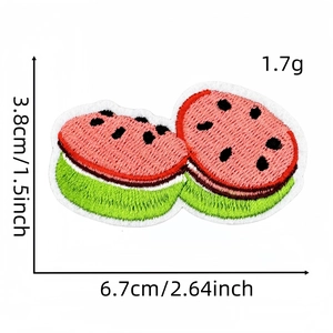 Detail view of cartoon watermelon embroidery patch with precise dimensions and weight specs