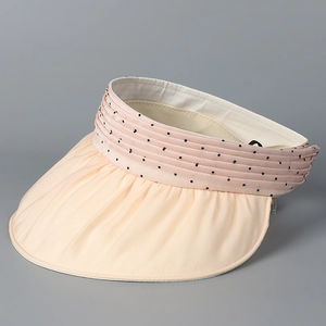 Detail of pink organza sun hat brim with black polka dot sweatband and UV fabric