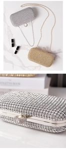 Dettaglio delle borse da sera con strass scintillanti in argento e oro con catenine