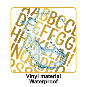 Waterproof gold vinyl letter stickers set showing A-Z alphabet with water splash effect