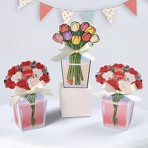 Romantic Tulip Rose Flower 3D Cardboard Gift Boxes With Silk Ribbon Bow Floral Bouquet Style Favors For Wedding Mothers Day Party
