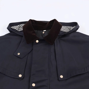 Women's stylish contrast velvet collar hooded jacket with classic checkered lining