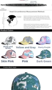 Tie-dye cotton baseball cap details with 7.5cm brim and head circumference guide