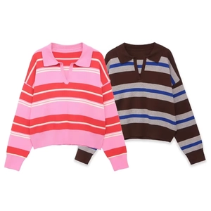 Striped Knitted Polo Sweater Women Long Sleeve V Neck Lapel Casual Preppy Style Polyester Acrylic Pullover Top