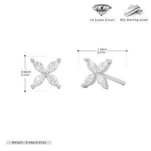 Detail view of small 925 sterling silver flower earrings with 5A grade zircon size data