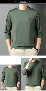Detailaufnahme des olivgrünen Sweatshirts mit Rippstruktur und Streifen am Ärmel