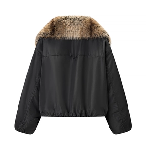 Women's black short winter jacket featuring a large brown faux fur collar in a back view