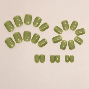 Short square olive green press-on nails with glossy finish for a minimalist manicure