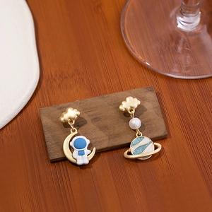 Asymmetric Astronaut Planet Moon Drop Earrings With Silver Earring Post Alloy Enamel Artificial Pearl Kawaii Space Jewelry Women