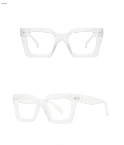 Front and side views of transparent white square sunglasses with a wide frame design