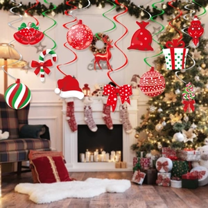 Close-up of festive Christmas swirl decorations featuring reindeer and candy cane motifs