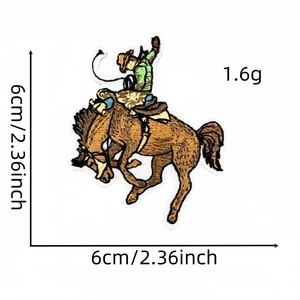Detail view of cowboy on horse embroidery patch with precise 6cm size and 1.6g weight metrics