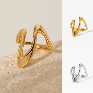 Minimalist Irregular Wave Open Ring 316 Stainless Steel Adjustable Geometric Sculptural Jewelry For Women