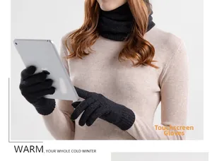 Detail of dark grey knitted gloves with touchscreen function and matching neck gaiter