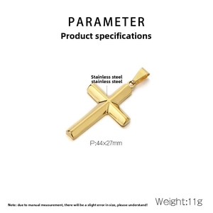 Polished gold stainless steel cross pendant specifications including 44x27mm size and weight