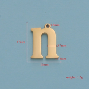 Detailed size specifications for a gold-plated stainless steel letter n pendant