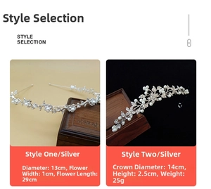 Size specifications for two silver flower pearl crowns with diameter and weight details